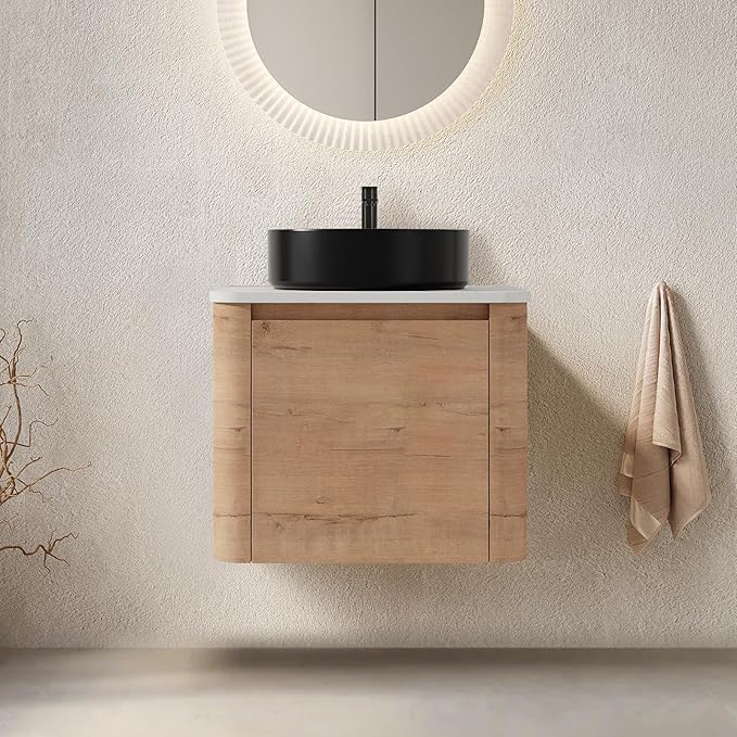 LKTART 24 Inch Floating Bathroom Vanity with Sink, Modern Wall Mounted Bathroom with Soft Close Door, Black Round Ceramic Basin and Sintered Stone Top