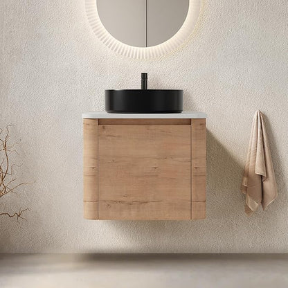 LKTART 24 Inch Floating Bathroom Vanity with Sink, Modern Wall Mounted Bathroom with Soft Close Door, Black Round Ceramic Basin and Sintered Stone Top