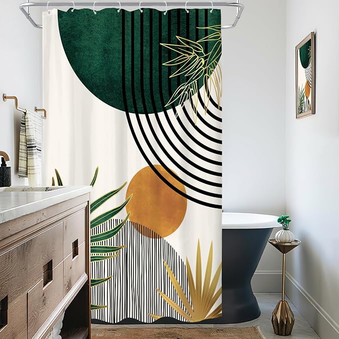 KOMLLEX Mid Century Green Boho Abstract Modern Bathroom Shower Curtain Set | 48Wx72L Plant Botanical Palm Leaves Design, Waterproof Hd Print With Fast-Drying Fabric and 12 Hooks
