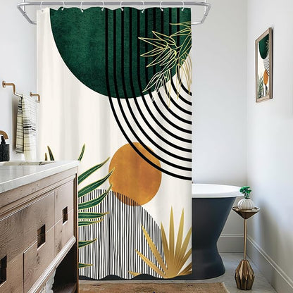 KOMLLEX Mid Century Green Boho Abstract Modern Bathroom Shower Curtain Set | 48Wx72L Plant Botanical Palm Leaves Design, Waterproof Hd Print With Fast-Drying Fabric and 12 Hooks