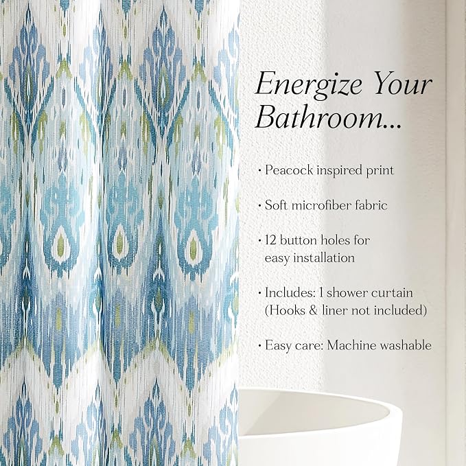 Lush Decor Ikat Drops Shower Curtain Single 72" W x 72" L Teal - Blue Shower Curtains - Colorful Bath Curtain - Modern Eclectic Style - Boho Decor