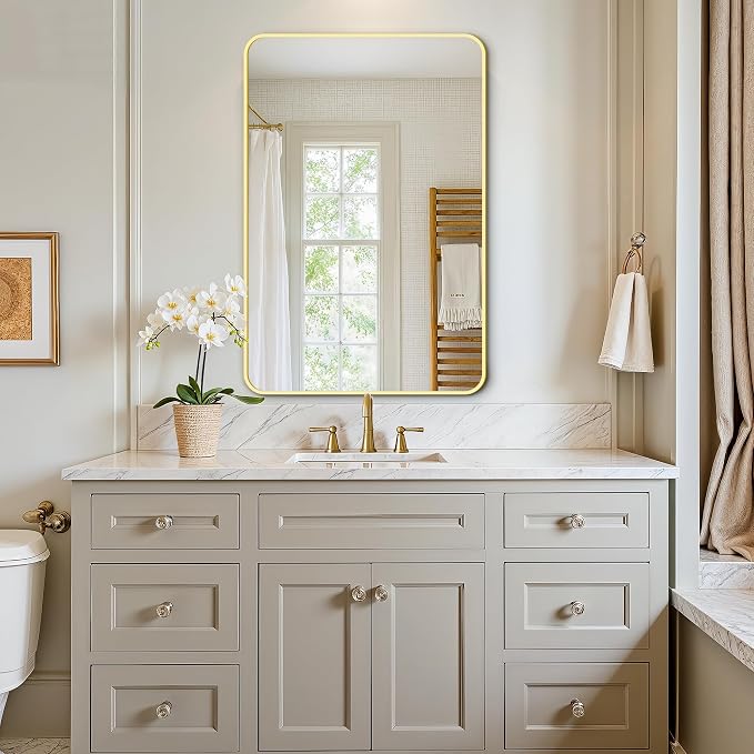 Vanity Bathroom Mirror, 30”x20” Gold Bathroom Mirror for Over Sink | HD Tempered Glass, Anti-Rust Frame, Vertical or Horizontal, Wall Mirrors for Bathroom Sink, Living Room, Entryway, Bedroom