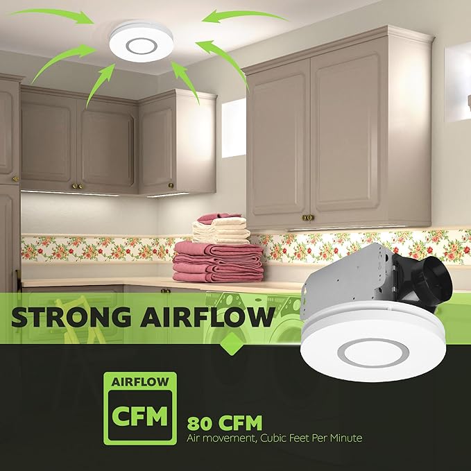 Homewerks 7141-80-CTA Bathroom Fan with LED Lights Color Changing 80 CFM 1.0 Sones Ventilation Fan with 3-Way CCT Dimmable LED Light