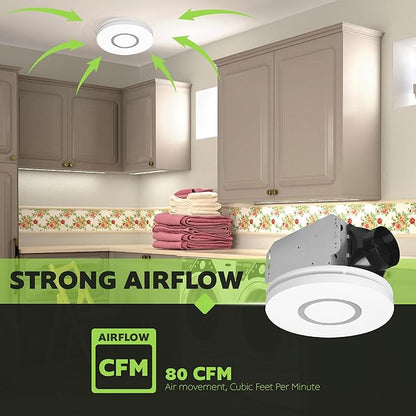 Homewerks 7141-80-CTA Bathroom Fan with LED Lights Color Changing 80 CFM 1.0 Sones Ventilation Fan with 3-Way CCT Dimmable LED Light