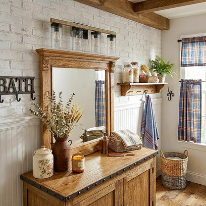 Rustic Vintage Wall Sconce, Farmhouse Vanity Light, Bathroom Wood Wall Light Over Mirror with Seedy Glass Shade.(Pinewood, 4-Light)