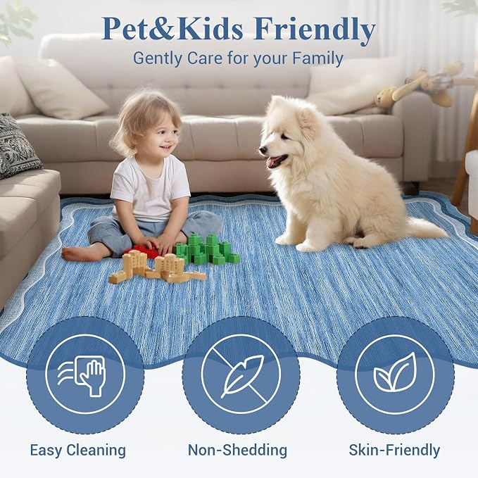 Garvee Scalloped 8x10 Rugs Washable Area Rugs for Living Room Blue | Rugs for Living Room, Non-Slip Soft Carpet for Bedroom, Scalloped Low-Pile Solid Rug Accent Rug for Dining Room Home Office