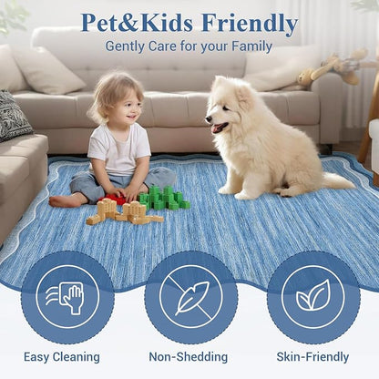 Garvee Navy Scalloped 9x12 Area Rugs for Girls Room Large Washable Rugs | Neutral Solid Rug Stain Resistant Non Slip Floor Mat Carpet Indoor Accent Rug for Bedroom Dining Room Playroom Home Decor