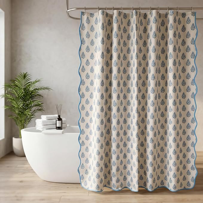 Boomkin Block Print Scalloped Shower Curtain Set with 12 Hooks | Grandmillennial Shower Curtain Linen Textured Cottage Core Floral Bathroom Curtain for Vintage Farmhouse Bathroom 72 x 72 Inc
