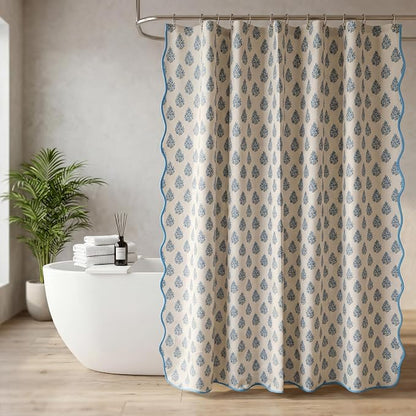 Boomkin Block Print Scalloped Shower Curtain Set with 12 Hooks | Grandmillennial Shower Curtain Linen Textured Cottage Core Floral Bathroom Curtain for Vintage Farmhouse Bathroom 72 x 72 Inc