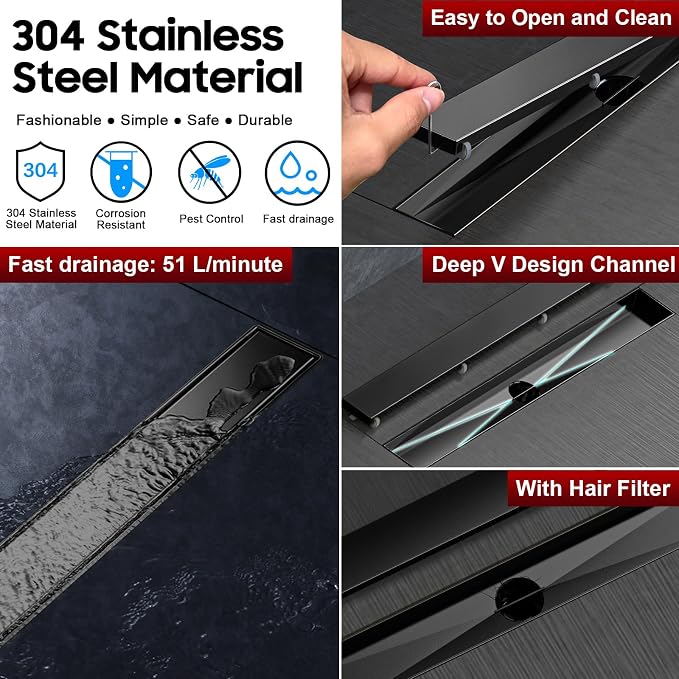 DLONE® Linear Shower Drain - 48 Inch Matte Black, with Tile Insert Pane | AISI 304 Stainless Steel Linear Drain, Rectangle Shower Floor Drain, with Adjustable Feet, Fits Bathroom & Balcony etc