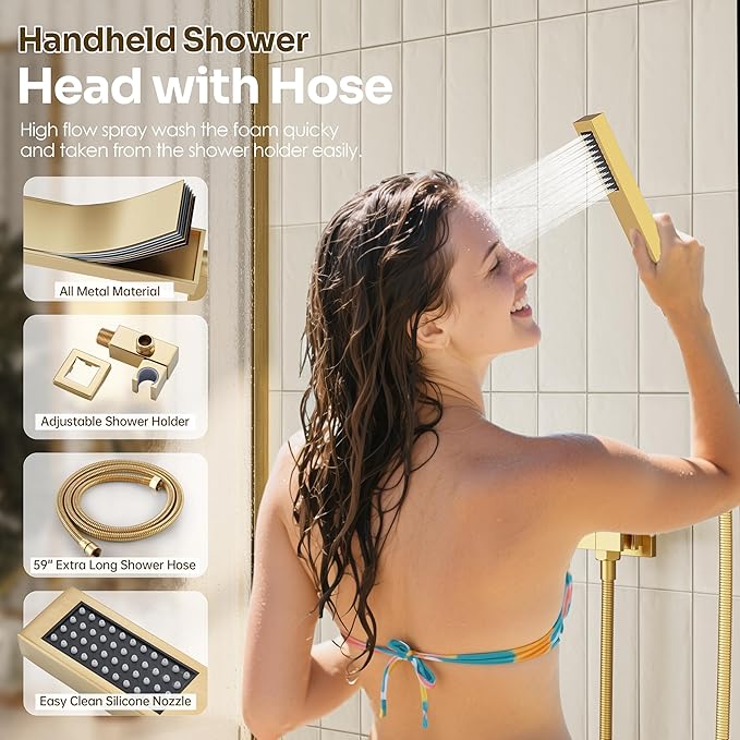 Gold Shower Faucet Set, Brushed Gold Shower System, 10'' Ceiling Shower Head and 6'' Wall Mounted ShowerHead, Dual Gold Shower Head with Handheld Combo, 3 In 1 Push Button Shower Diverter Valve