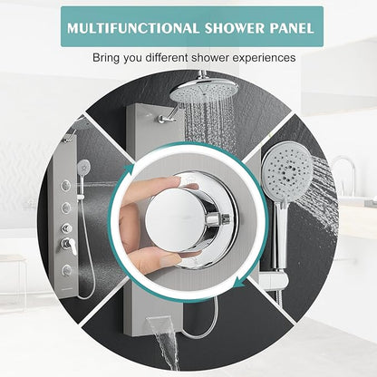 Shower Panel Tower System with Adjustable Shower Head, Self-Cleaning Shower Tower with 2-Setting Powerful Body Jets and 5-Function Handheld Shower, Shower Column Brushed Stainless Steel