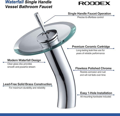 Waterfall Bathroom Faucet Glass Single Handle Solid Brass Basin Lavatory Vessel Sink Vanity Faucet, Tall, Polished Chrome …