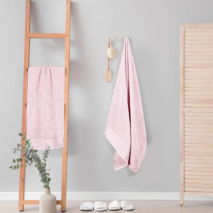 GLAMBURG 100% Cotton 2 Pack Oversized Bath Towel Set 28x55 Inches, Ultra Soft Highly Absorbant Compact Quickdry & Lightweight Large Bath Towels, Ideal for Gym Travel Camp Pool - Pink