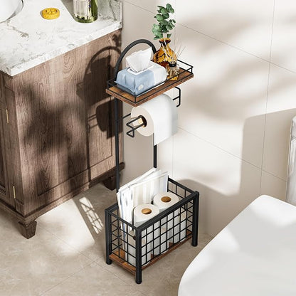 Toilet Paper Holder Stand, Freestanding Toilet Paper Holder with Shelf & Basket, Bathroom Tissue Organizer for Small Space, 3-Tier Storage for Bath Toilet Office Rustic Brown and Black TTS70BF