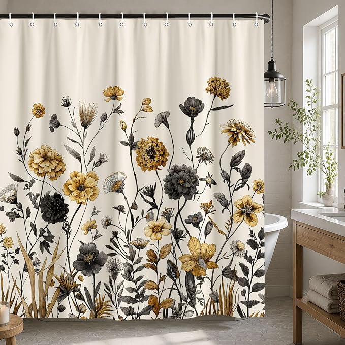 Vintage Boho Beige Floral Shower Curtain, Black Gold Rustic Farmhouse Flower Shower Curtain Set, Cute Botanical Wlidflowers Fabric Shower Curtains Decoration, 72X72 Aesthetic Bathroom Accessories