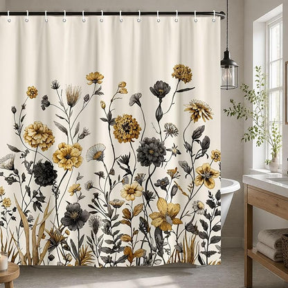 Vintage Boho Beige Floral Shower Curtain, Black Gold Rustic Farmhouse Flower Shower Curtain Set, Cute Botanical Wlidflowers Fabric Shower Curtains Decoration, 72X72 Aesthetic Bathroom Accessories