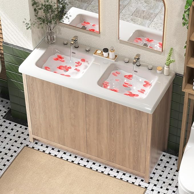 48 Inch Bathroom Vanity with Ceramic Sink, Bathroom Sink Cabinet with 4 Fluted Doors, Double Sink Bath vanities Combo, Light Oak (20" D x 48" W x 36" H)