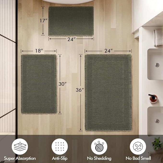MIULEE Set of 2 Waffle Bathroom Rugs Bordered Mat Green 17"x24"+18"x30" | Non Slip, Super Absorbent, Washable, Ultra Soft, Rubber Backed Bath Rugs for Bathroom Floor Tub and Shower, Boho Decor