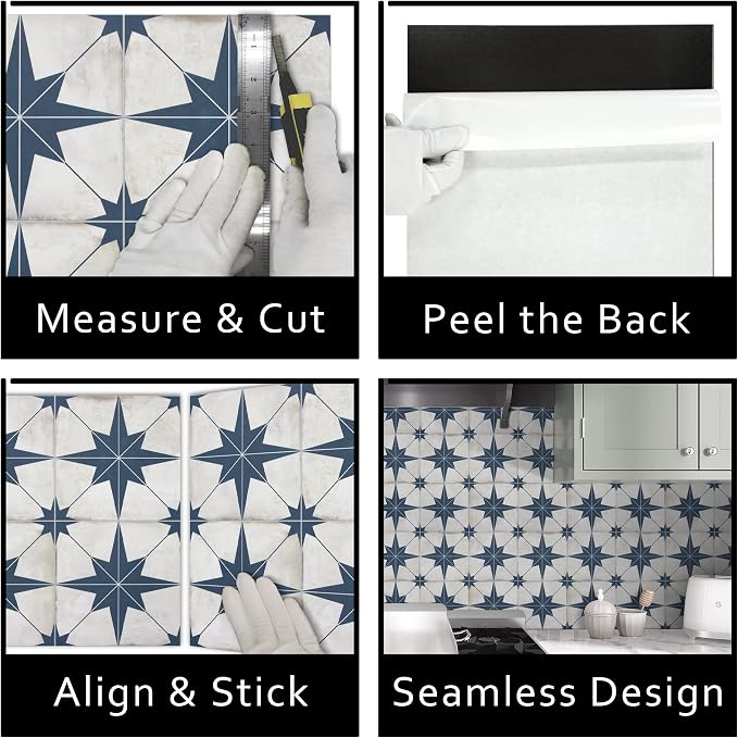 The Tiles Plaza Encaustic Peel and Stick Backsplash, Blue Star Patterned Vintage Stick on Tiles, Stone Composite Self-Adhesive Wall Tile Sticker for Kitchen Bathroom Fireplace Stairs, 10 Sheets