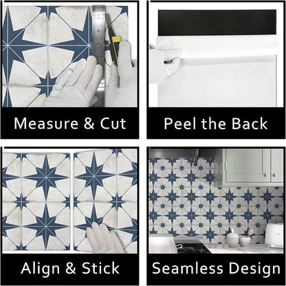The Tiles Plaza Encaustic Peel and Stick Backsplash, Blue Star Patterned Vintage Stick on Tiles, Stone Composite Self-Adhesive Wall Tile Sticker for Kitchen Bathroom Fireplace Stairs, 10 Sheets