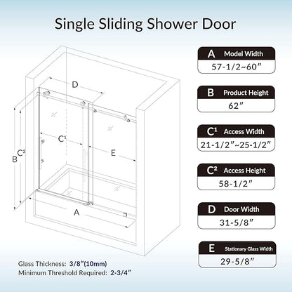 Woodbridge Frameless Single Sliding Shower Doors in Brushed Gold Finish, 57.5-60" Width x 62" Height with 3/8"(10mm) Clear Tempered Glass, Soft Close System and Explosion-Proof Film, BSDC6062-BG