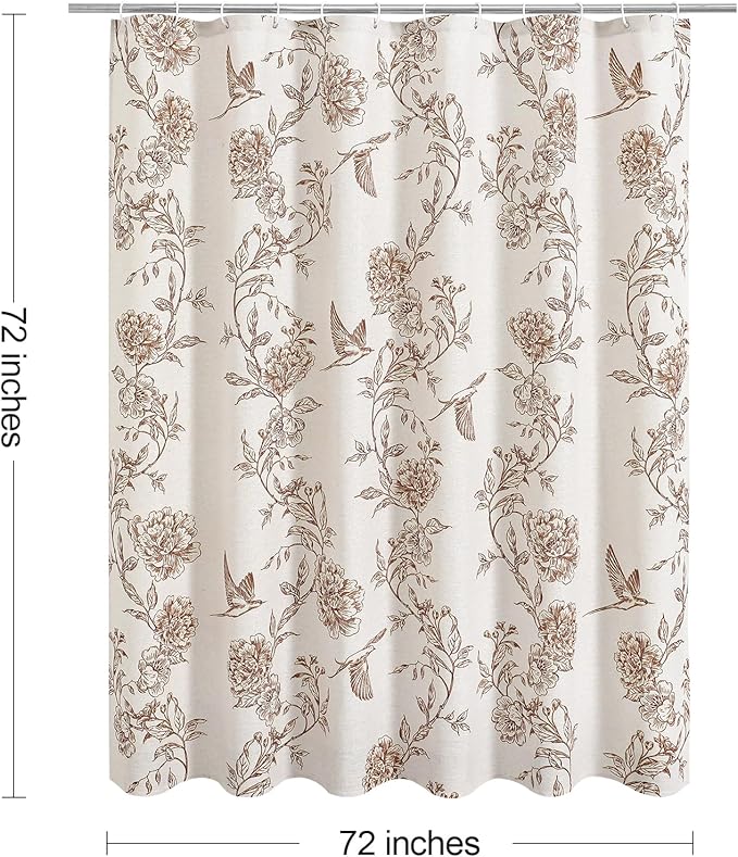 MitoVilla Brown Farmhouse Shower Curtain Set, Cotton Floral Hummingbird Cottagecore Spring Shower Curtains for Bathroom, Modern Country Bathroom Décor, 72" W x 72" L
