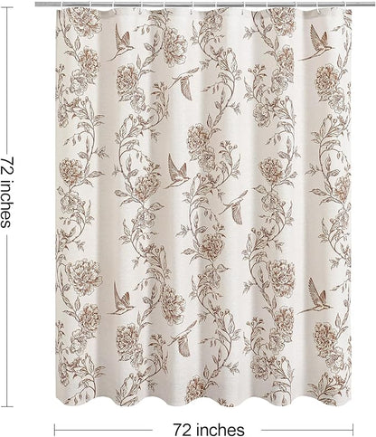 MitoVilla Brown Farmhouse Shower Curtain Set, Cotton Floral Hummingbird Cottagecore Spring Shower Curtains for Bathroom, Modern Country Bathroom Décor, 72" W x 72" L