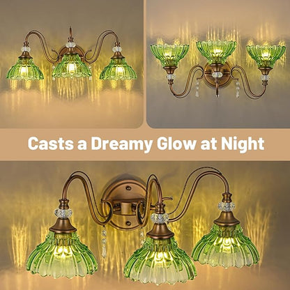 Vintage Bathroom Vanity Light, 3-Light Matte Antique Brass Finish Wall Sconce with Hanging Crystal Accents and Flower-Shaped Green Glass Shades, Retro Wall Mount Vanity Light Over Mirror for Bathroom