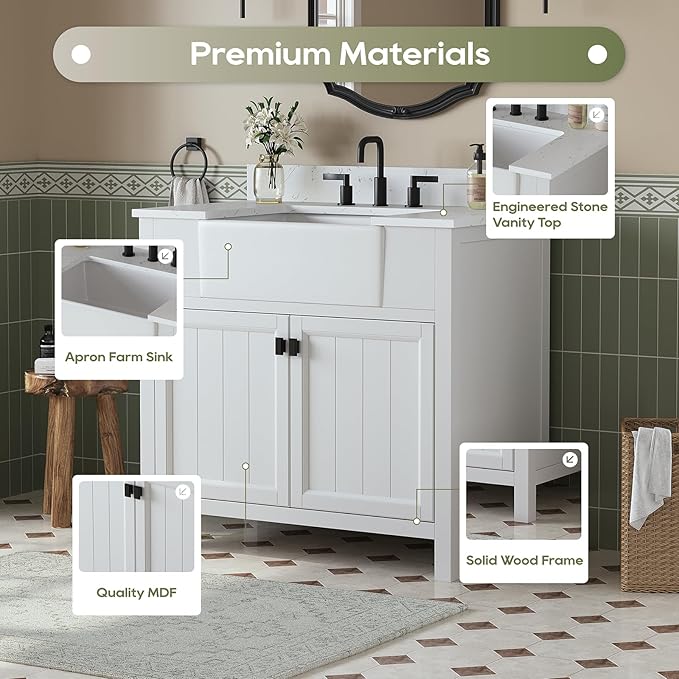 36 Inch Bathroom Vanity with Sink, Farmhouse Single Sink Bathroom Vanity with Adjustable Feet, Bathroom Storage Cabinet with Soft Closing Doors, Apron Farm Sink, White