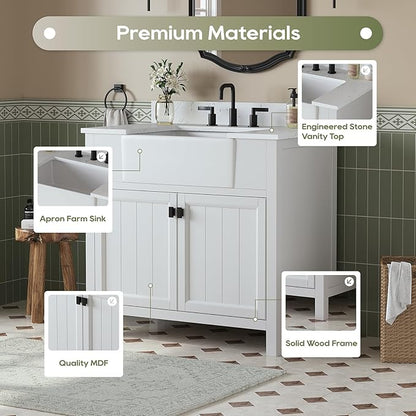 36 Inch Bathroom Vanity with Sink, Farmhouse Single Sink Bathroom Vanity with Adjustable Feet, Bathroom Storage Cabinet with Soft Closing Doors, Apron Farm Sink, White