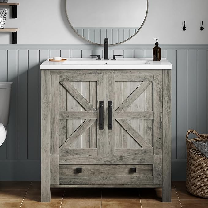 YITAHOME 30 Inch Farmhouse Bathroom Vanity with Sink, Small Space Bathroom Storage Cabinet with Large Drawer, 2 Wood Barn Doors with Built-in Door Racks