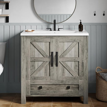 YITAHOME 30 Inch Farmhouse Bathroom Vanity with Sink, Small Space Bathroom Storage Cabinet with Large Drawer, 2 Wood Barn Doors with Built-in Door Racks