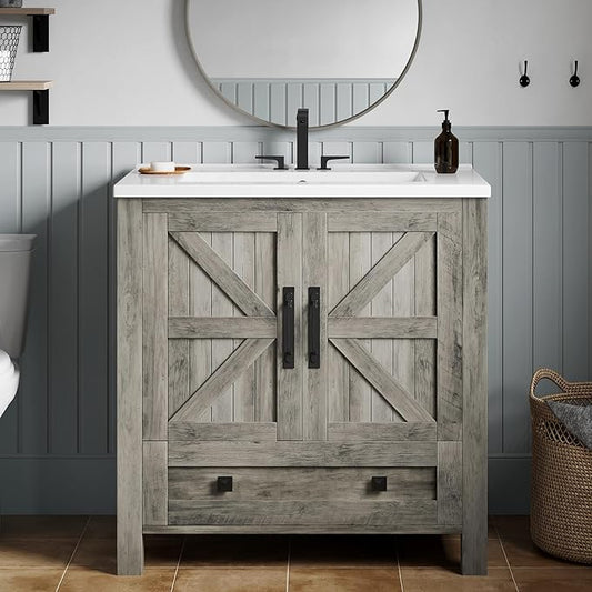 YITAHOME 30 Inch Farmhouse Bathroom Vanity with Sink, Small Space Bathroom Storage Cabinet with Large Drawer, 2 Wood Barn Doors with Built-in Door Racks