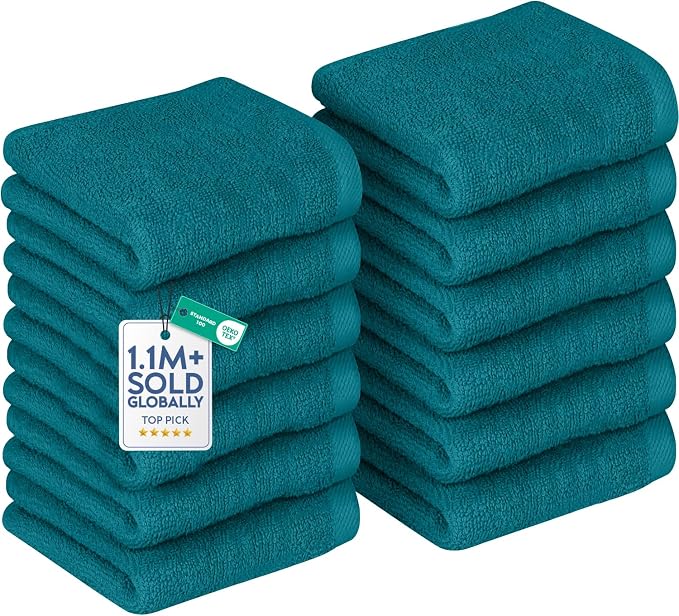 DAN RIVER 12 Pack Cotton Wash Cloths Set for Showering [12x12] Teal | Lighter Weight, Quick to Dry, Super Soft & Absorbent Face Towels, Hotel Quality, Perfect for Bathroom, Gym, Spa