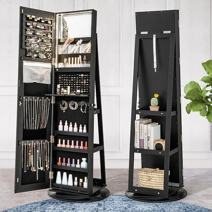 GOFLAME 360° Rotating Jewelry Cabinet with Full-Length Mirror, Standing Jewelry Armoire with 3-Color LED Light and Back Storage Shelf, Lockable Jewelry Organizer for Bedroom Cloakroom, Black