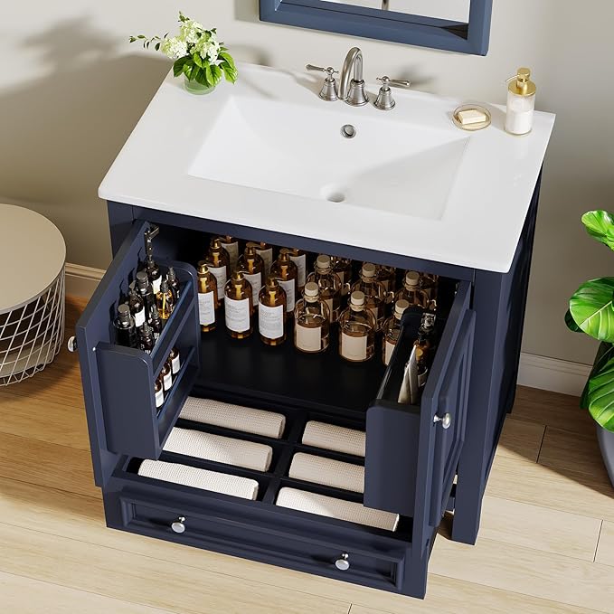 Tribesigns 30" Modern Bathroom Vanity with Sink, Freestanding Bathroom Vanities Cabinet with Ceramic Basin Combo, Bathroom Sink Cabinet with 2 Doors and 1 Drawer, Solid Wooden Frame, Navy Blue