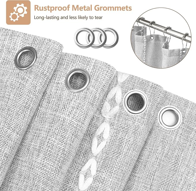 Seenus 72 x 84 inch Extra Long Boho Chic Shower Curtain Heavyweight with Tassels, Grey Linen Textured Fabric Farmhouse Shower Curtain, Elegant Gray & White Striped Bathroom Curtain Water Repellent