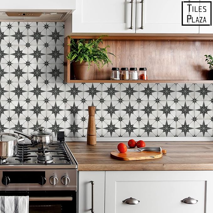 The Tiles Plaza Encaustic Peel and Stick Backsplash, Black Star Patterned Vintage Stick on Tiles, Stone Composite Self-Adhesive Wall Tile Sticker for Kitchen Bathroom Fireplace Stairs, 10 Sheets