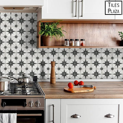 The Tiles Plaza Encaustic Peel and Stick Backsplash, Black Star Patterned Vintage Stick on Tiles, Stone Composite Self-Adhesive Wall Tile Sticker for Kitchen Bathroom Fireplace Stairs, 10 Sheets