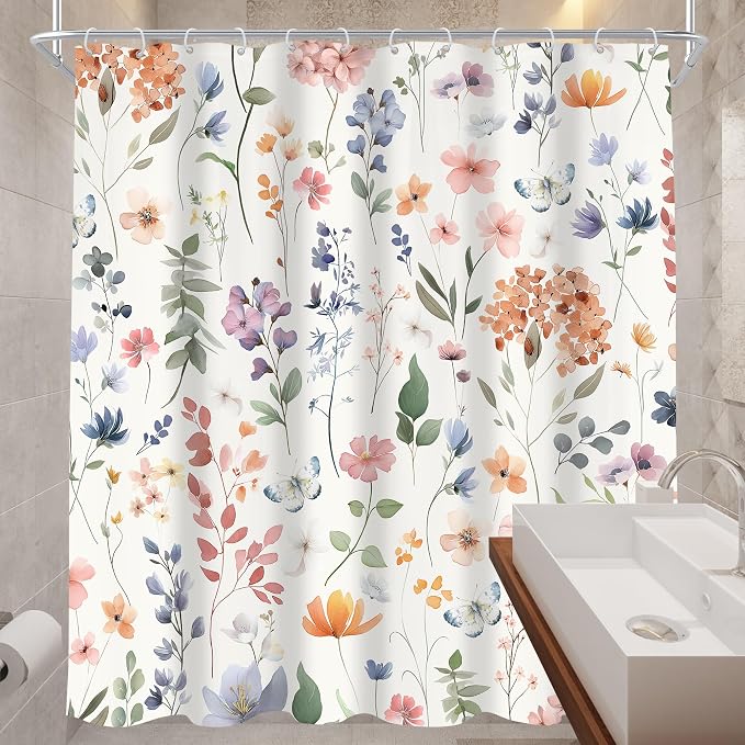 Boho Flower Extra Long Wildflower Girly Floral Bathroom Shower Curtain Set | 72"W x 84"H Leaves Botanical; waterproof HD print, quick-dry fabric and plastic hooks for easy setup.
