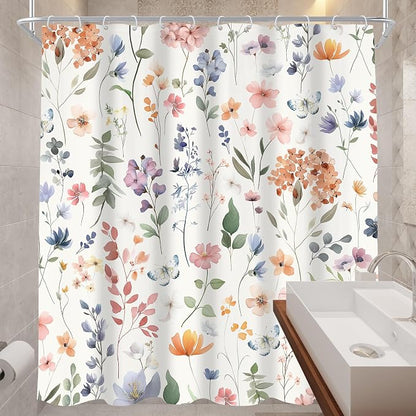Boho Flower Extra Long Wildflower Girly Floral Bathroom Shower Curtain Set | 72"W x 84"H Leaves Botanical; waterproof HD print, quick-dry fabric and plastic hooks for easy setup.