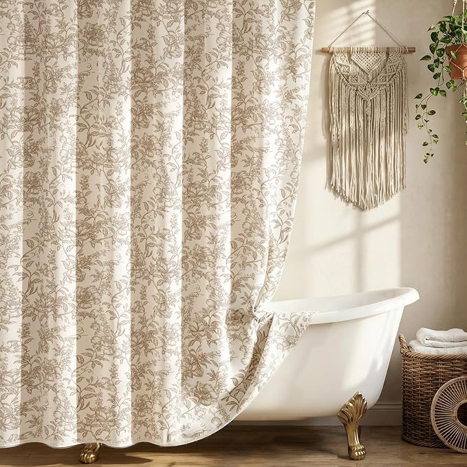 Farmhouse Beige Floral Shower Curtain with 12 Clear Rings 72"W x 72"L | Boho Fabric Faux Linen Shower Curtain Set, Vintage Cottagecore Shower Curtain for Bathroom