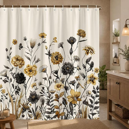 Vintage Boho Beige Floral Shower Curtain, Black Gold Rustic Farmhouse Flower Shower Curtain Set, Cute Botanical Wlidflowers Fabric Shower Curtains Decoration, 72X72 Aesthetic Bathroom Accessories