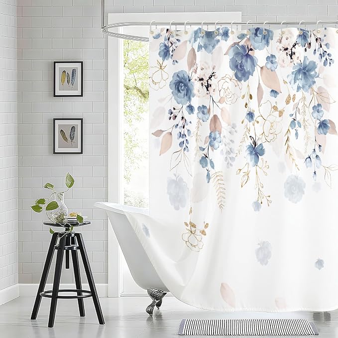 Blue Floral Flower Shower Curtain, Boho Curtain Set with 12PCS Hooks,Minimalist Watercolor Plant Eucalyptus Leaf Country Pretty Bath Bathtub Set Accessories Home Decor, 72 x 72 Inch (6-Flower B)