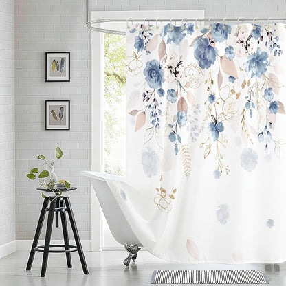 Blue Floral Flower Shower Curtain, Boho Curtain Set with 12PCS Hooks,Minimalist Watercolor Plant Eucalyptus Leaf Country Pretty Bath Bathtub Set Accessories Home Decor, 72 x 72 Inch (6-Flower B)