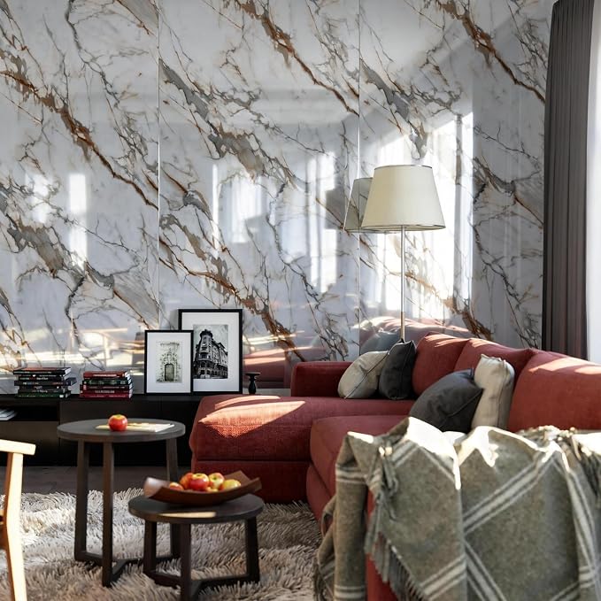 Marble Peel and Stick Waterproof Wall Paneling, 118" x 47" Calacatta Gold Glossy Finish Self-Adhesive Backsplash Tile Vinyl Wall Panel for Kitchen Bathroom Wall Decor, Covers 38.75 Sq. Ft.