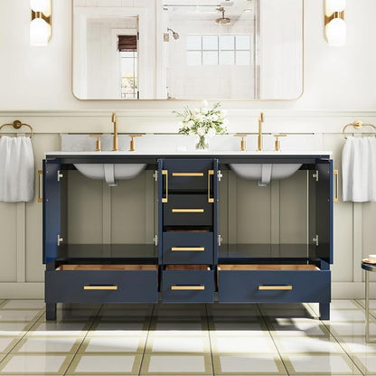 60-Inch Bathroom Vanity with Sink, Bathroom Freestanding Vanity W/ 4 Doors and 6 Drawers, Solid Wood Cabinet Vanity with Cultured Marble Countertop, Navy Blue Vanity& Brushed Gold Handles