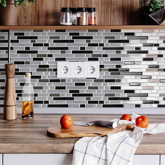 STICKGOO Thicker Peel and Stick Backsplash Tile for Kitchen and Bathroom | 10 Sheets of 12”×12” - 3D Vinyl Self Adhesive Wall Tiles Stick on Backsplash for Kitchen & Bathroom(Silver, Black)