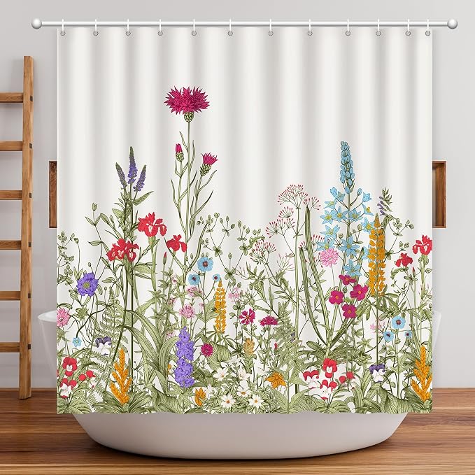 Shower Curtain Floral, Summer Shower Curtain Sage Green Flowers Plant Herbs Shower curtains for Bathroom with Hooks Waterproof Washable Farmhouse Home Decor Botanical Wildflowers Bath Curtains